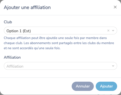 Fenêtre d’ajout avec sélection du club et de l’affiliation