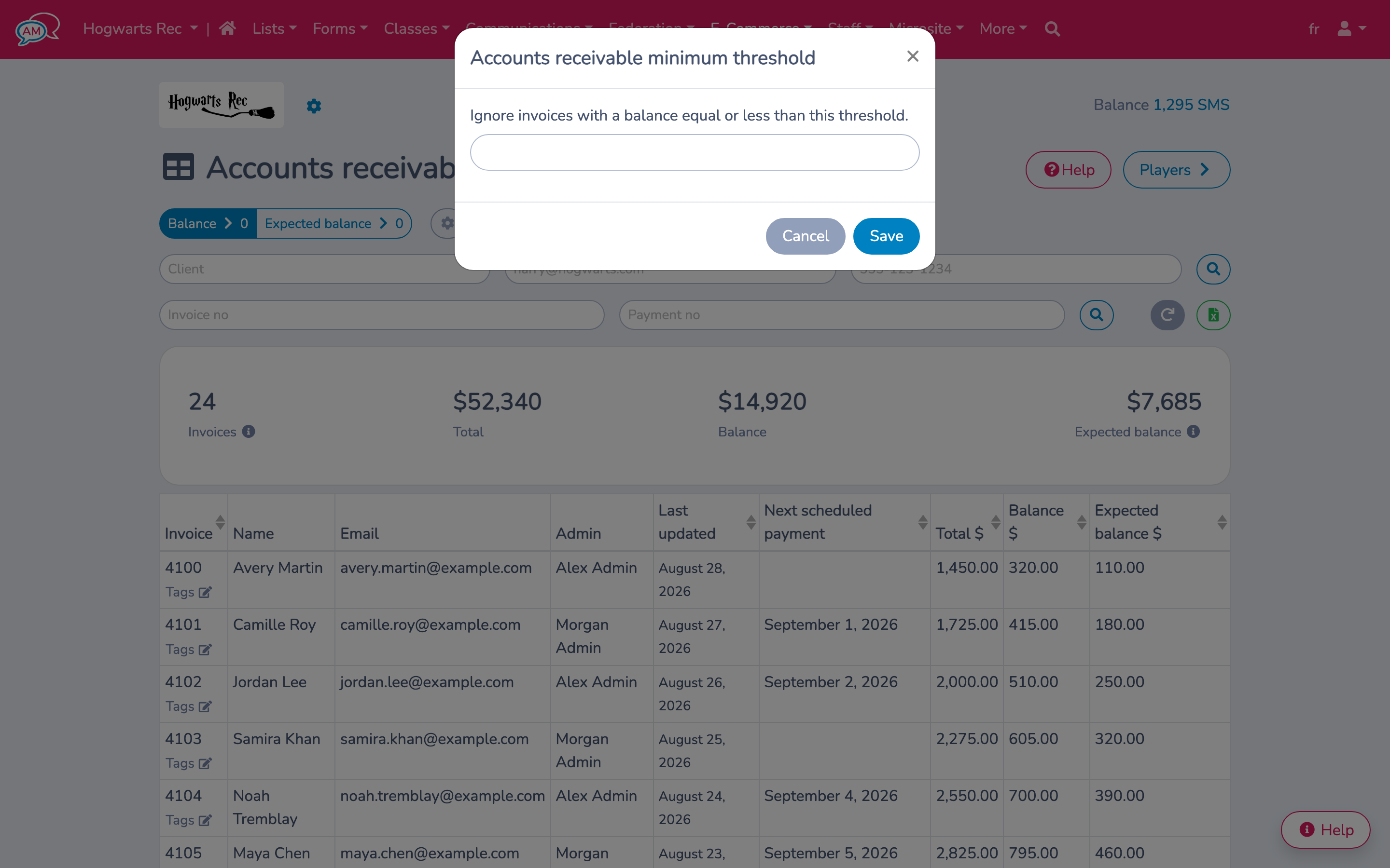 Set the Accounts receivable minimum threshold