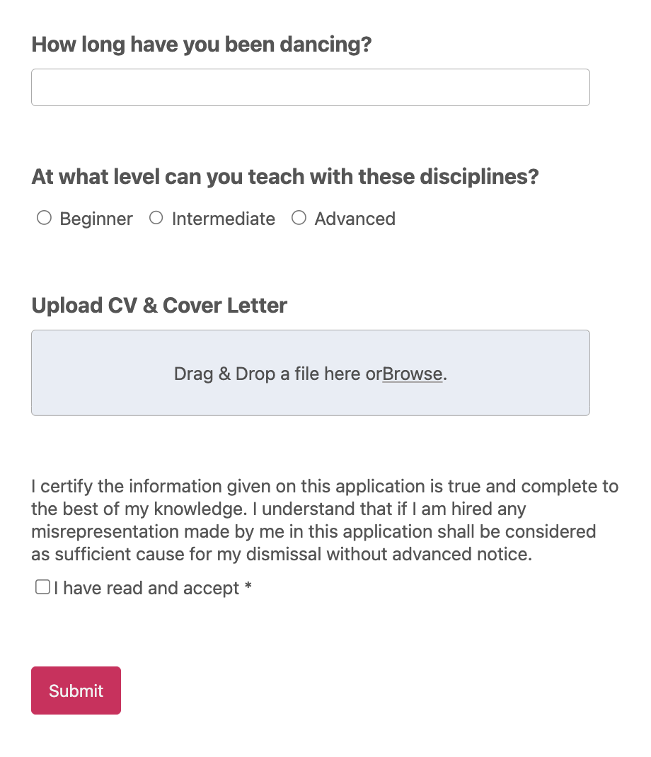 upload CV on application form for dance tearchers