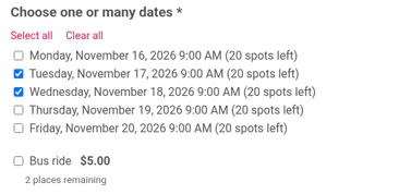 Tuesday, November 17 and Wednesday, November 18 selected, with Bus ride $5.00 and 2 places remaining