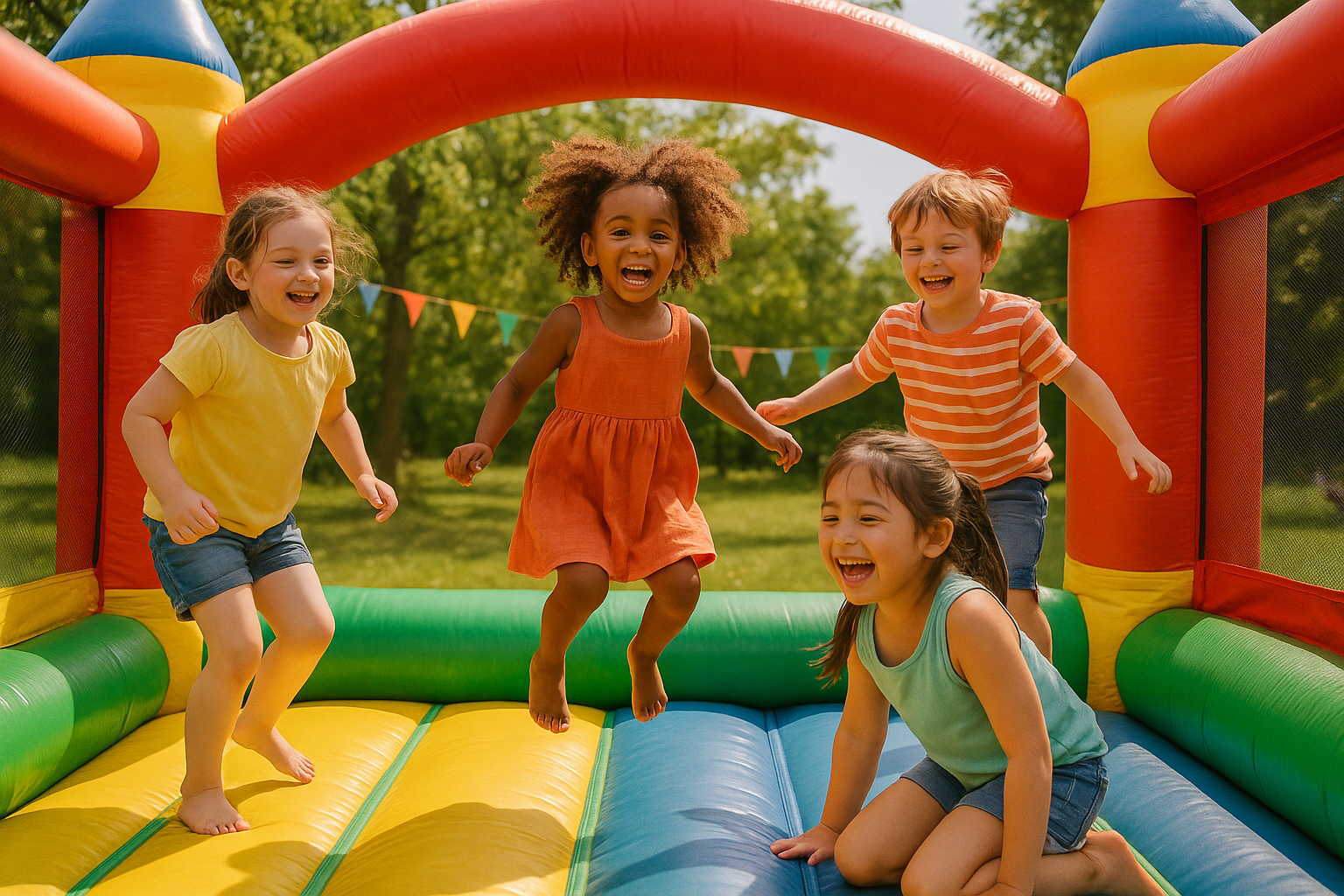 des enfants dans un jeu gonflable lors d'une fête en été