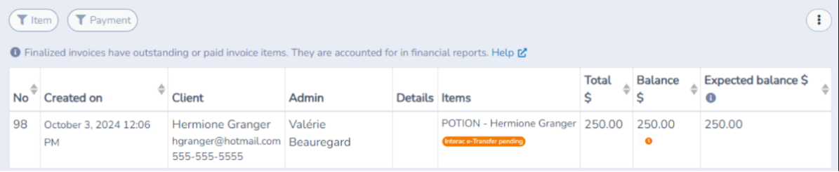 Email Interac without an invoice — screenshot