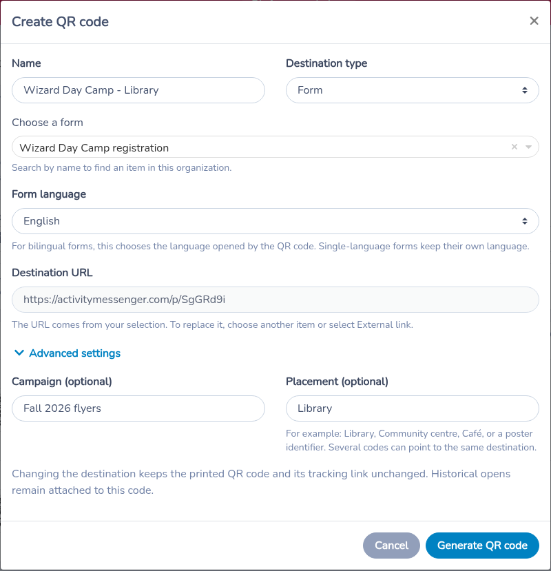 Create QR code window with a form selected and Advanced settings open