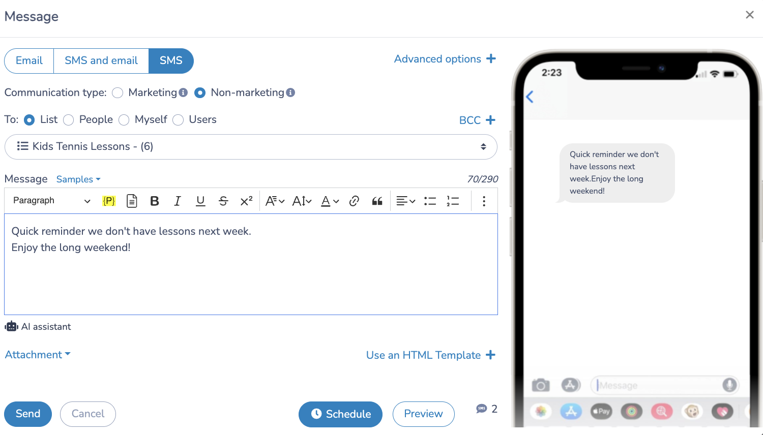 Send SMS from attendance list