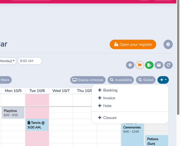 Bookings calendar with the blue plus menu open on Booking, Invoice, Note and Closure