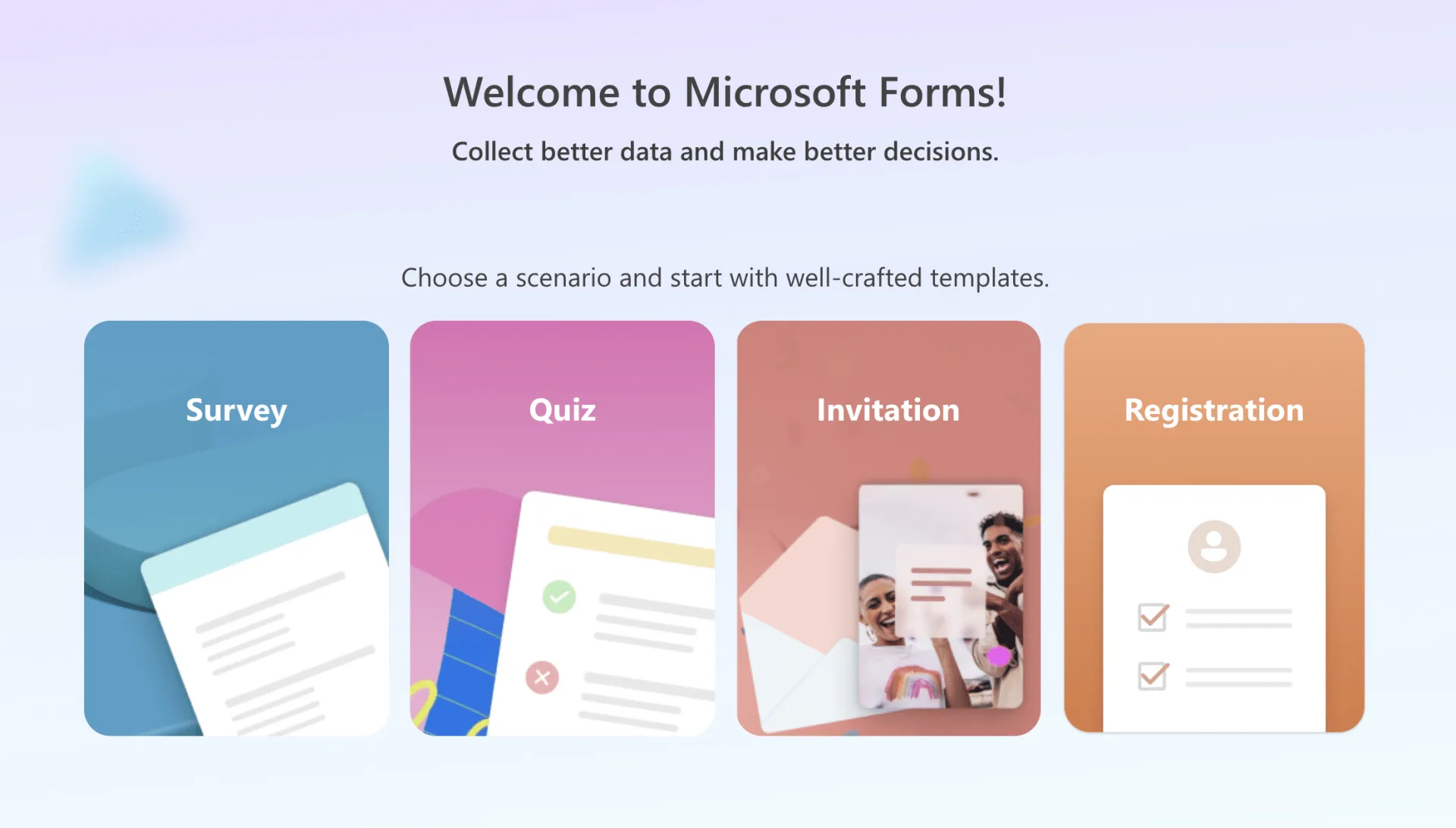 Page to choose which type of Microsoft form you want to create