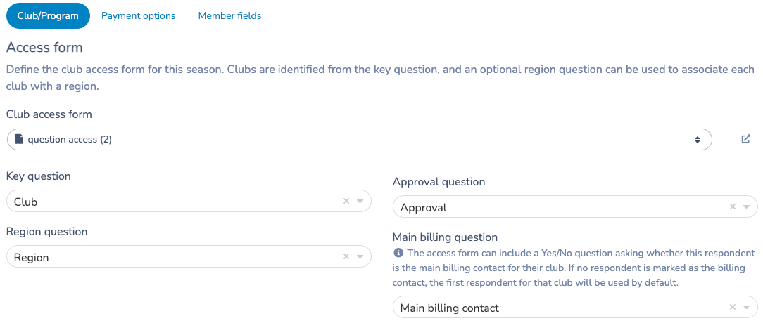 Club access form and club, approval, region and billing-contact mappings