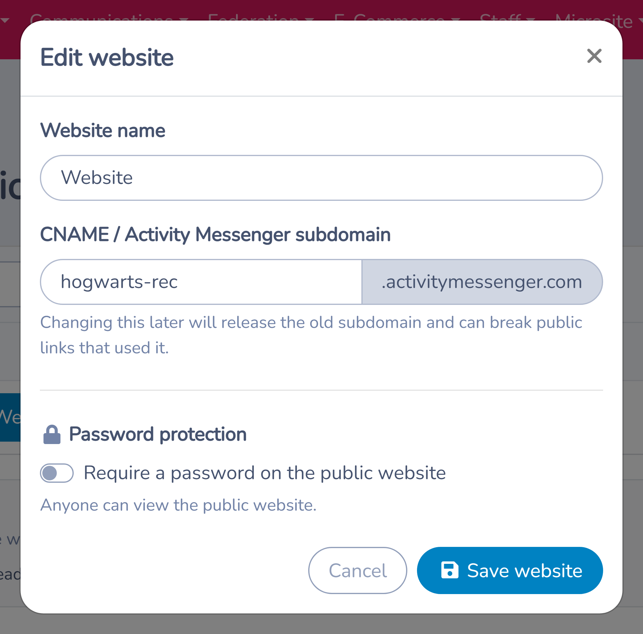 Website settings with whole-site password protection