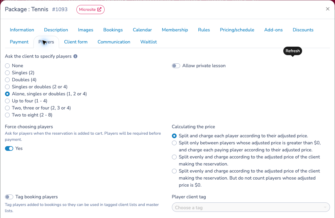 Tennis Players settings showing one, two or four players, required player selection, adjusted-price splitting.