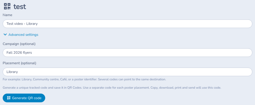 Generate QR code page for a video, opened in a new tab with Advanced settings filled