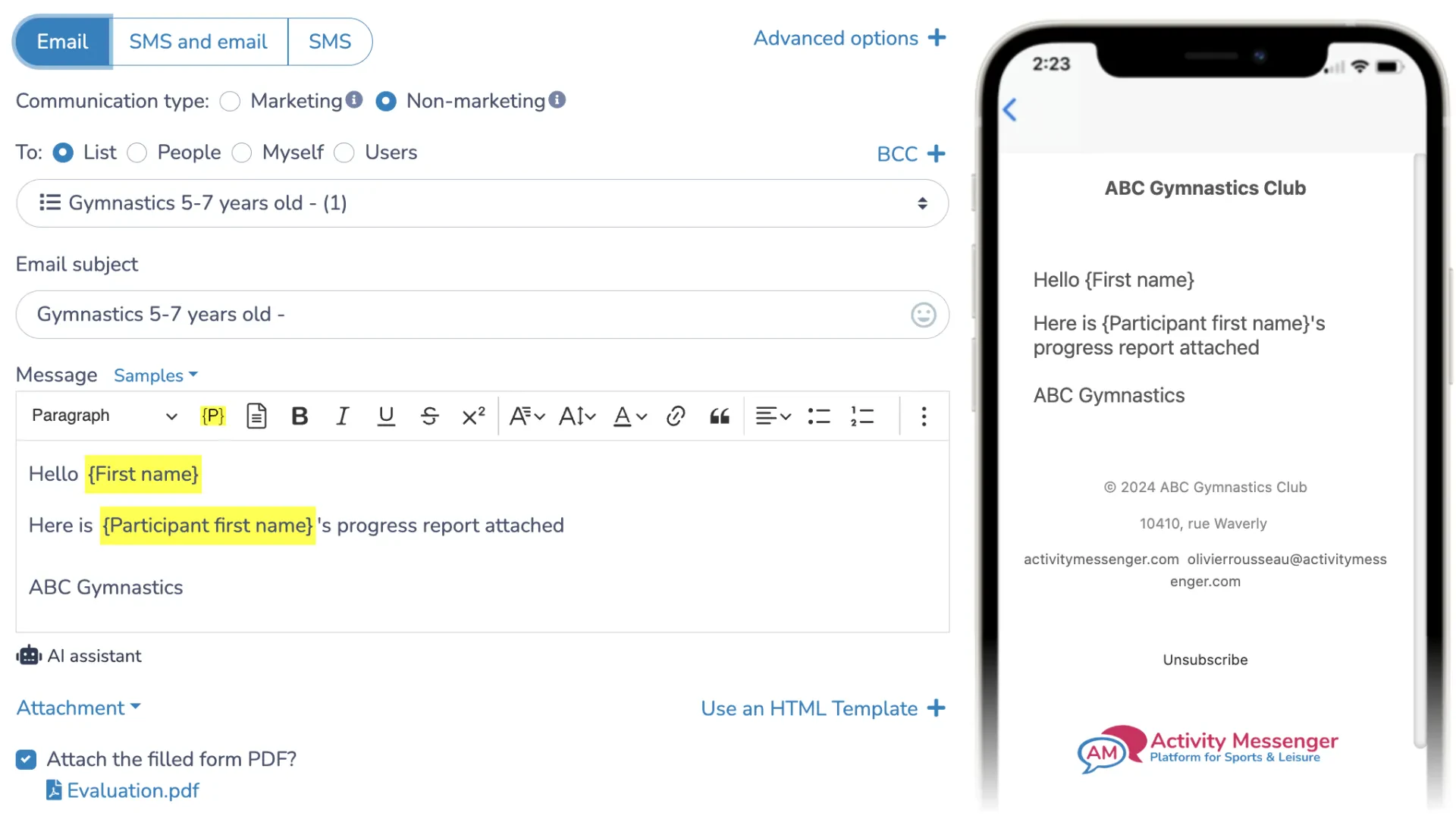 Send exercise progress report by email/SMS