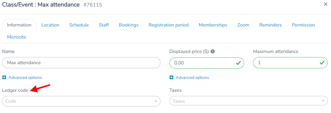 Class settings with the Ledger code field highlighted