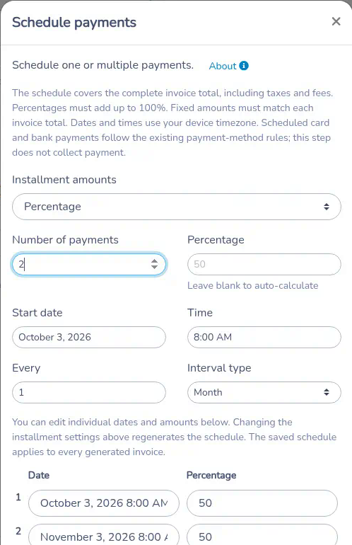 Top of Schedule payments, with Installment amounts, the payment count, the start date, and the first generated rows
