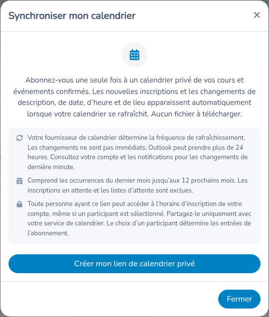 Créer mon lien de calendrier privé avant qu’un abonnement existe