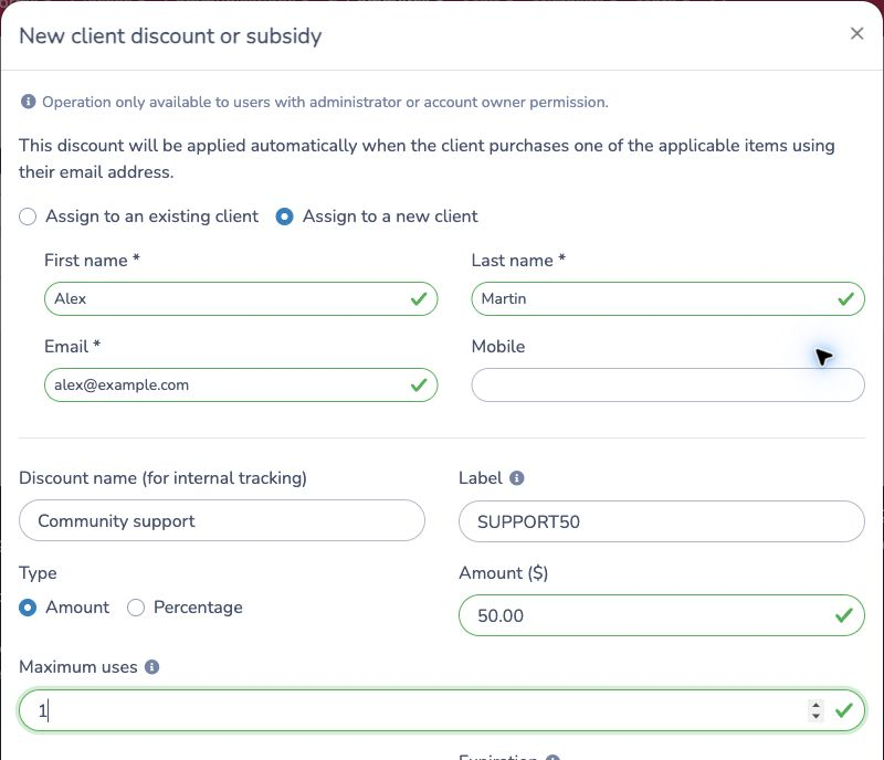 Assign a client and configure the discount