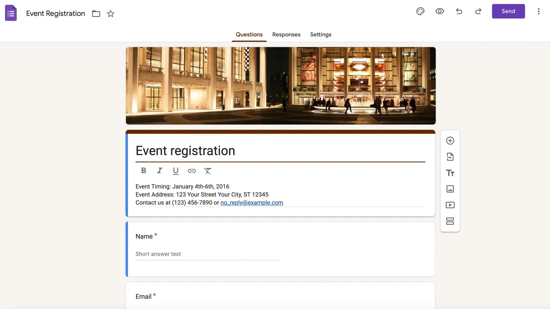 Select a google forms template