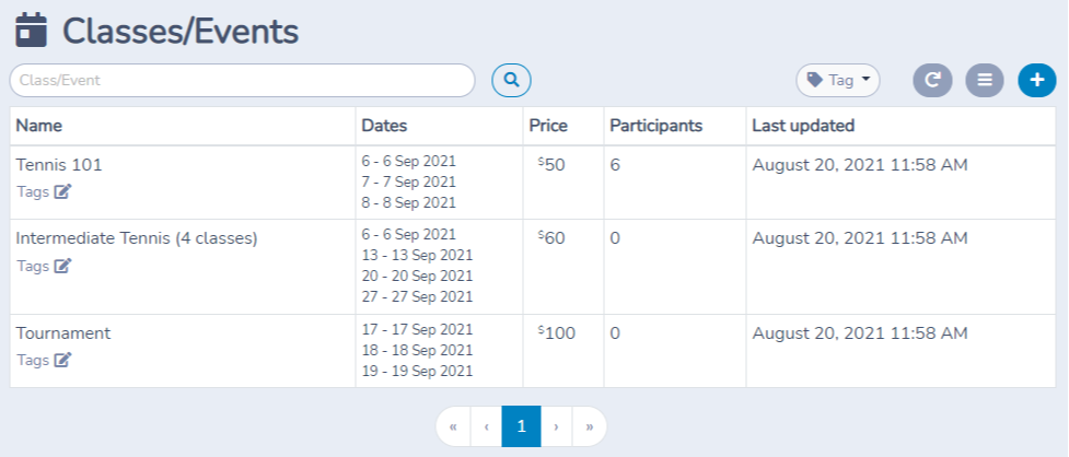 Organize classes and events from their management list