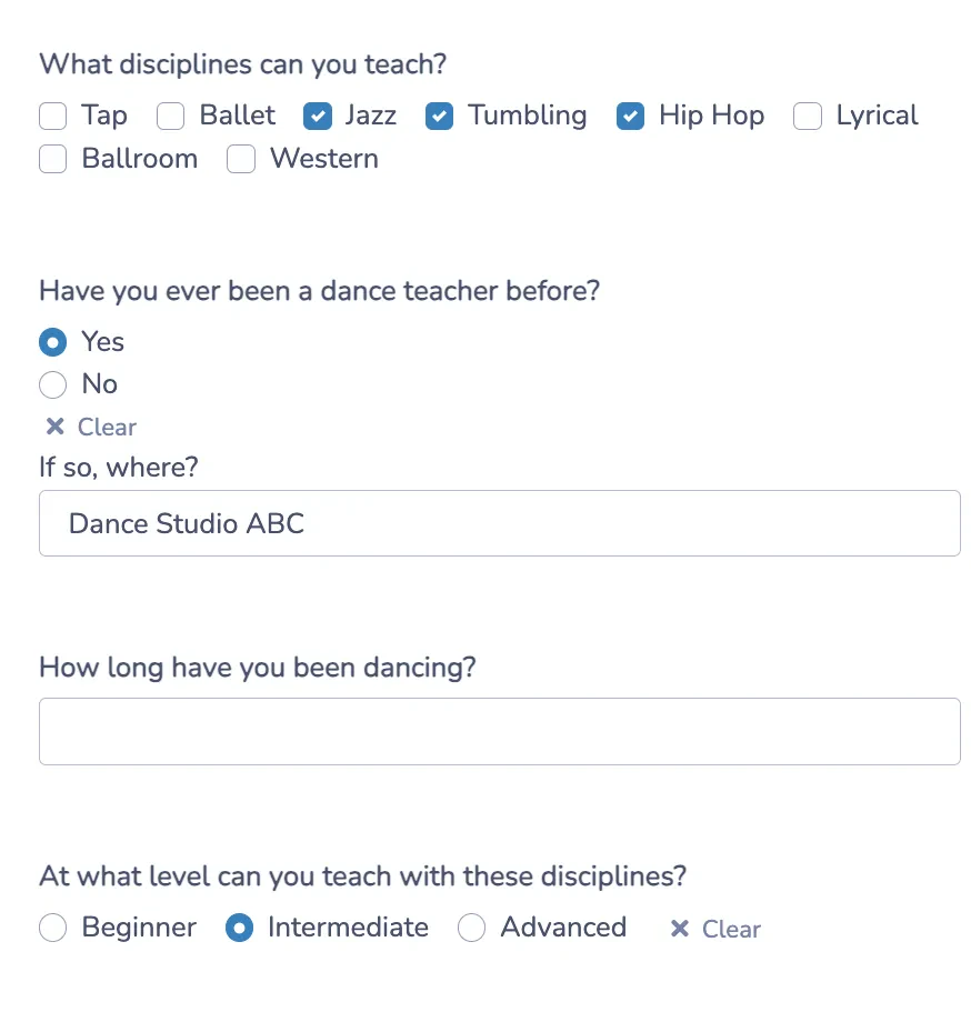 Questions to ask on application form for dance teanchers