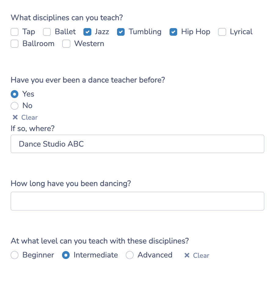 Questions to ask on application form for dance teanchers