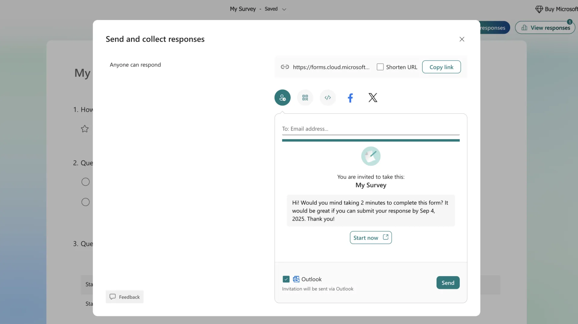 Webpage with a choice of how to share your survey: email, QR code, embed, social media