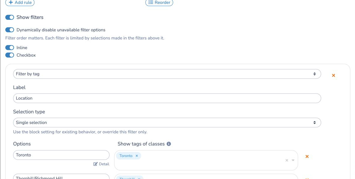 Configure dynamic filters and the selection type