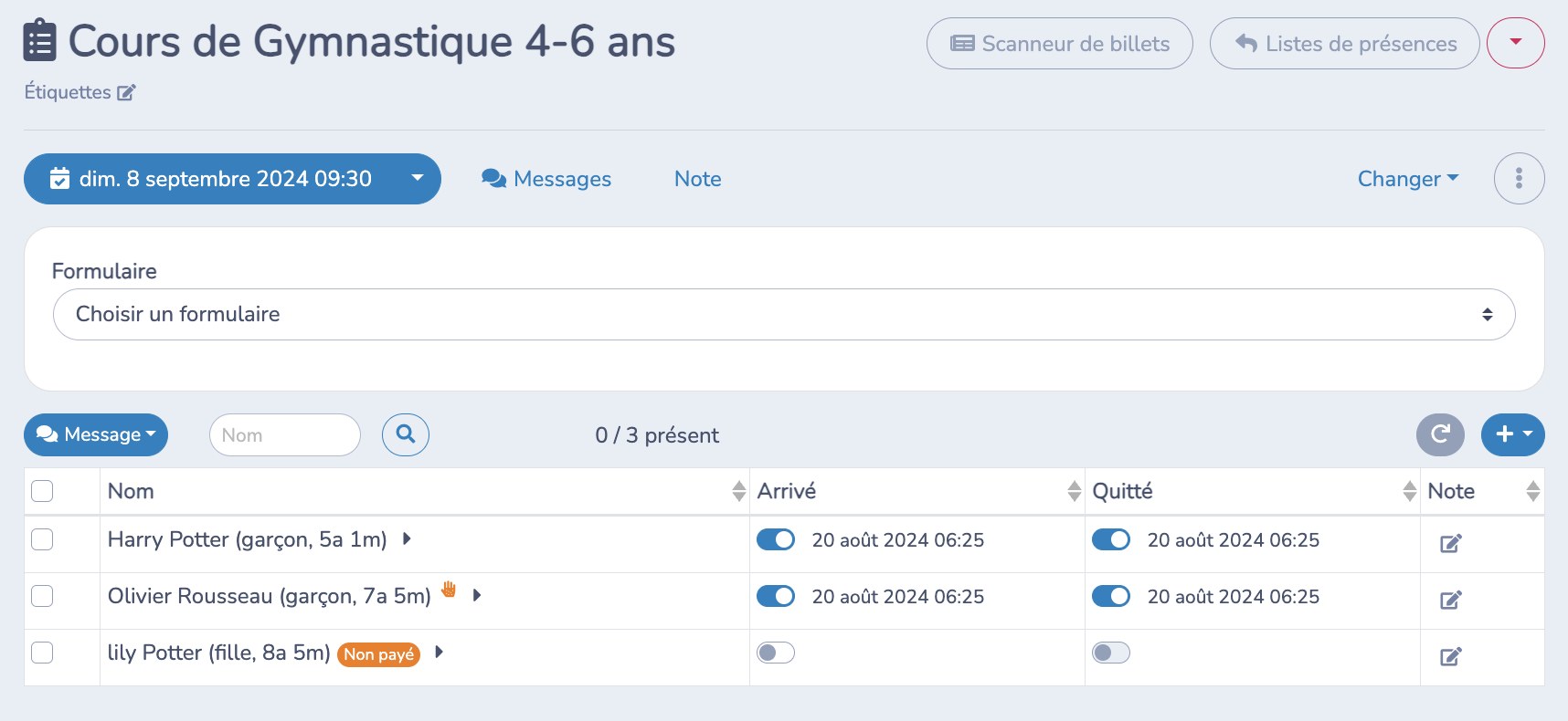 Gestion des listes de présences pout camp de jour
