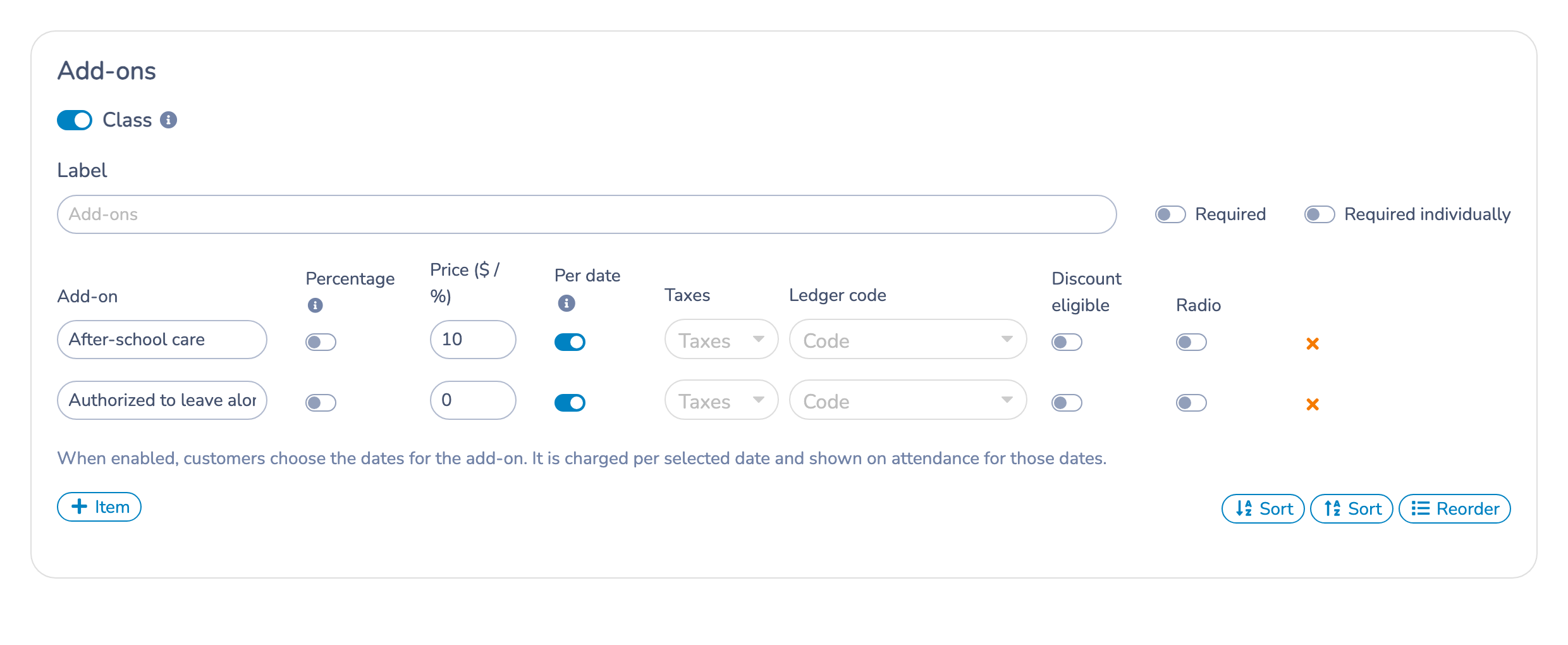 Enable Per date for paid care and a free option in the class add-on settings