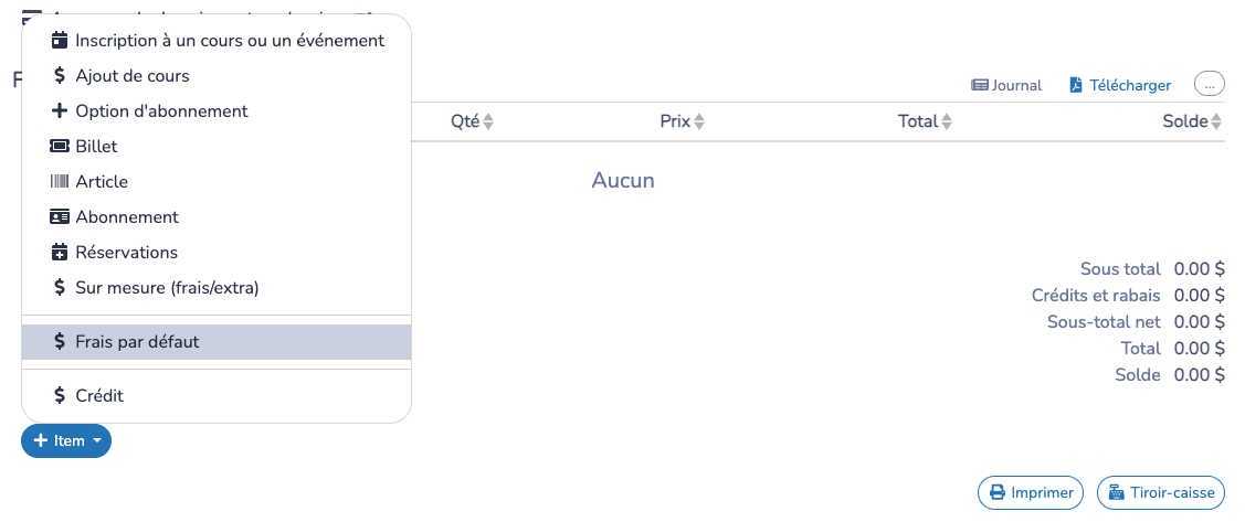Ajouter le frais par défaut depuis le menu d’items de facture