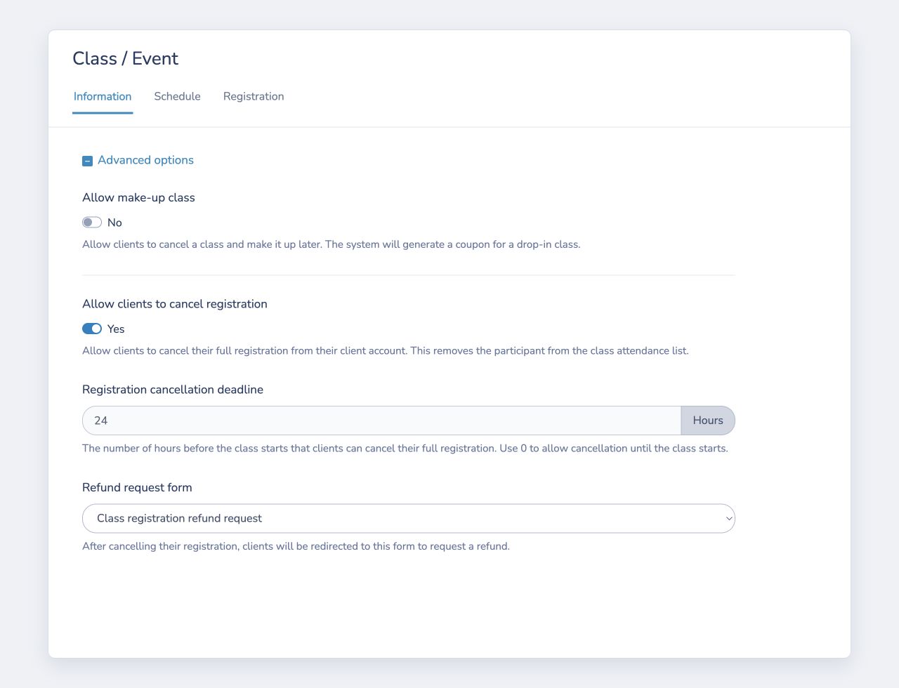 Configure client registration cancellation in the class advanced options