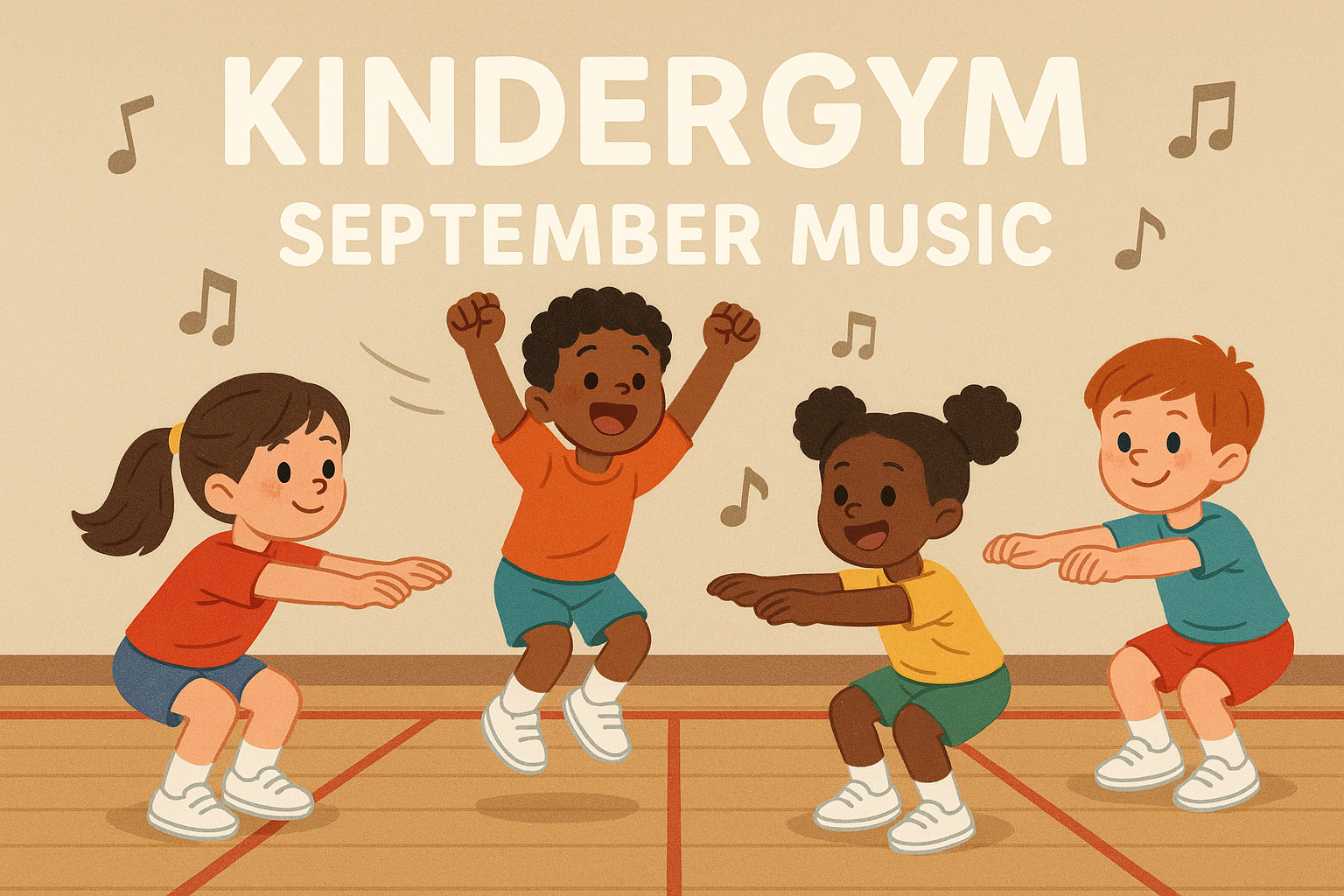 Kids at gym doing squats and jumping with text " Kindergym September Music