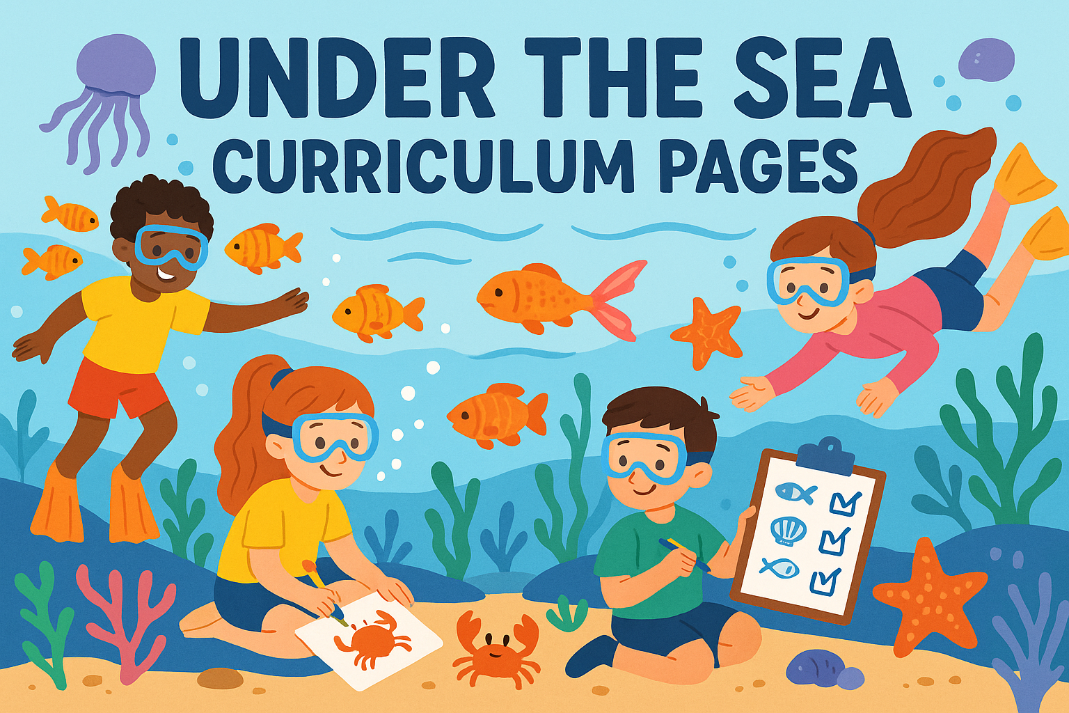 Kids doing activities under the sea text " Under the Sea Curriculum Pages"