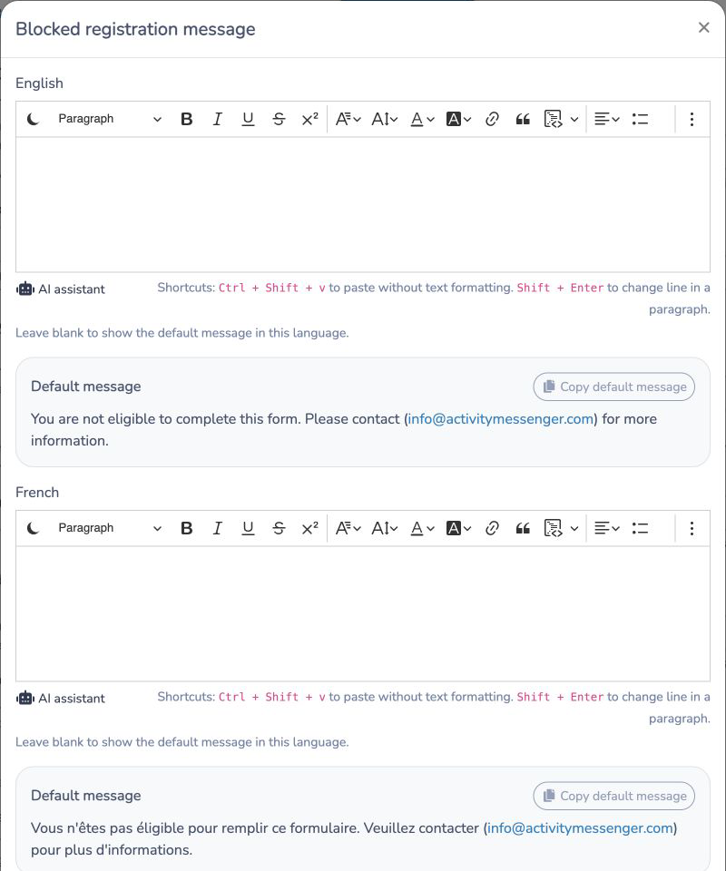 Customize the blocked-registration message