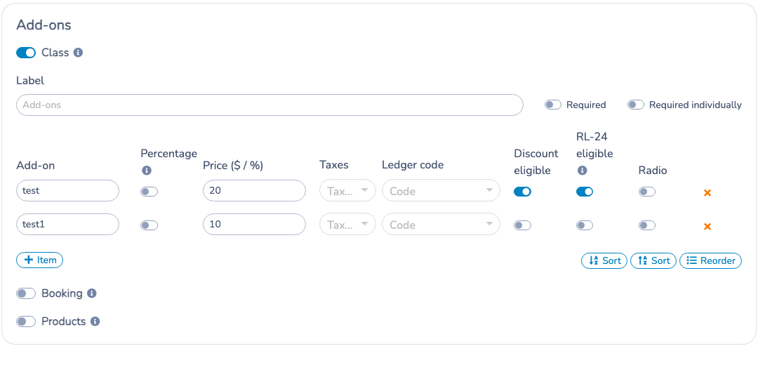 The Add-ons section of a form with an RL-24 eligible switch for each class add-on