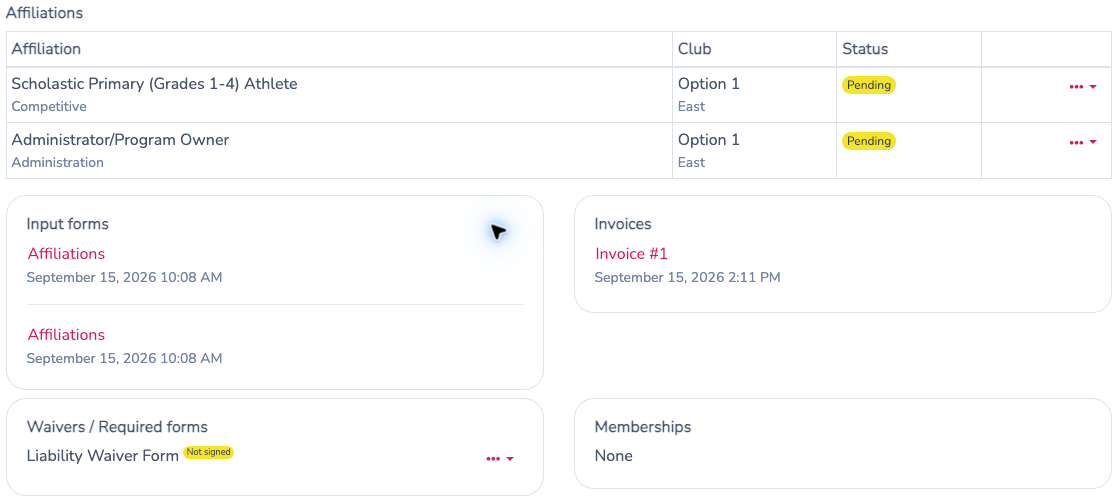 Club portal member details with affiliations, forms, invoices and outstanding requirements