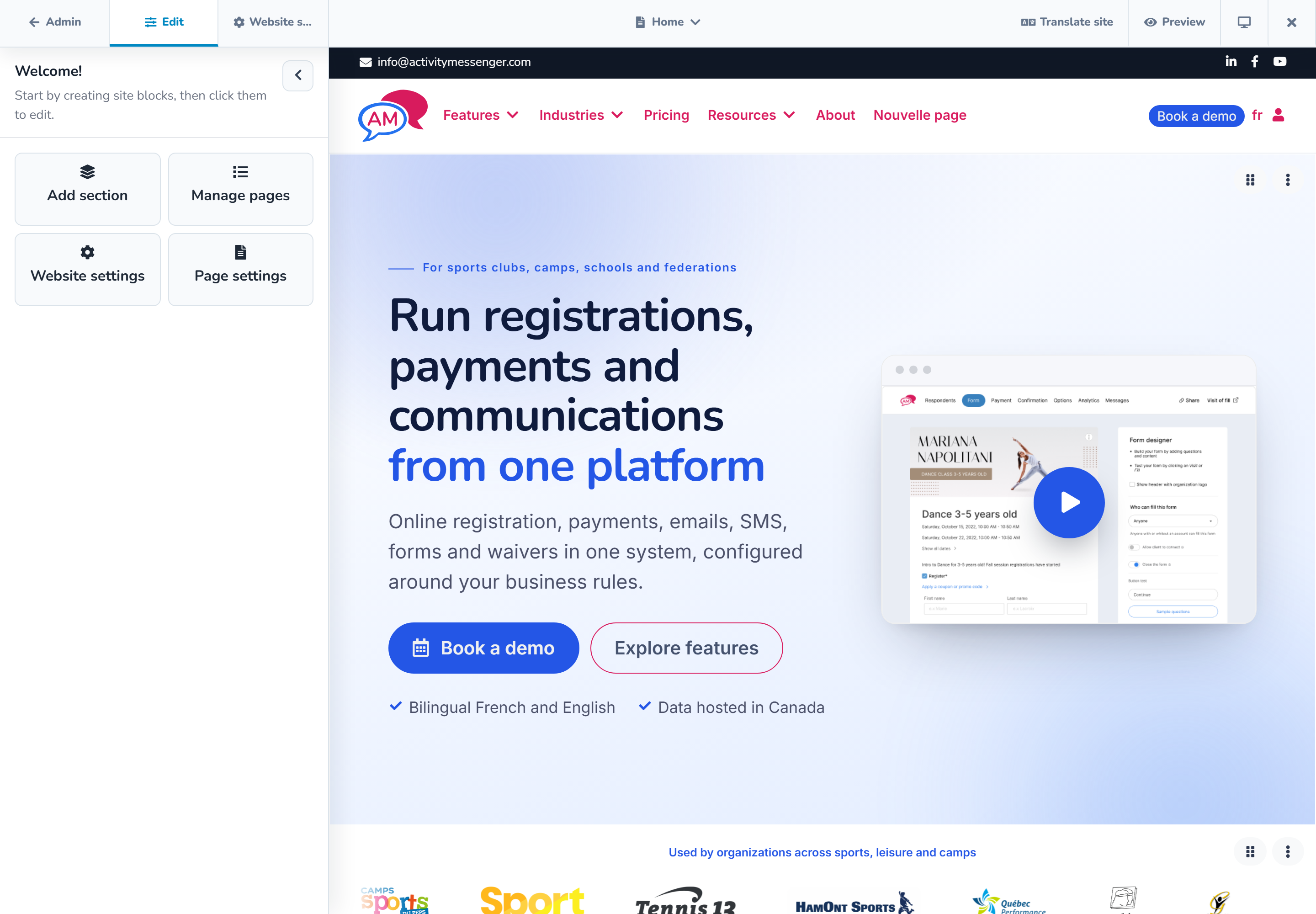 Website builder with the inspector, page canvas, and editor toolbar