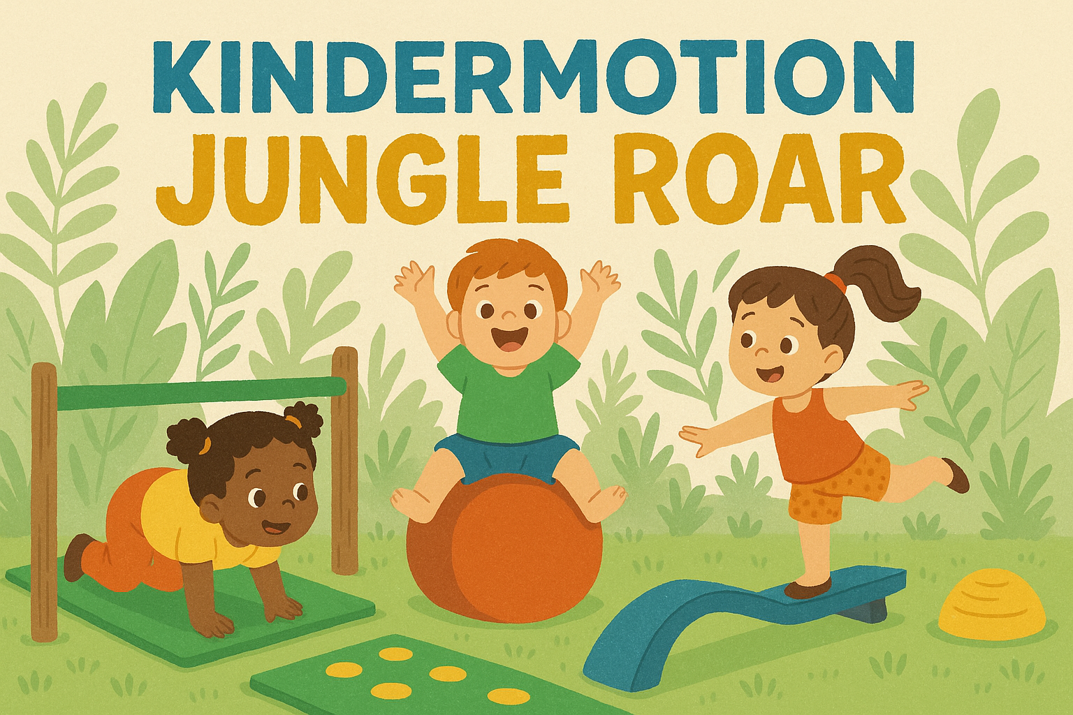 Toddler creative movement activities, obstacle course jungle text "Kindermotion Jungle Roar"