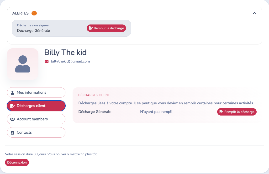 Décharges client dans Mon compte