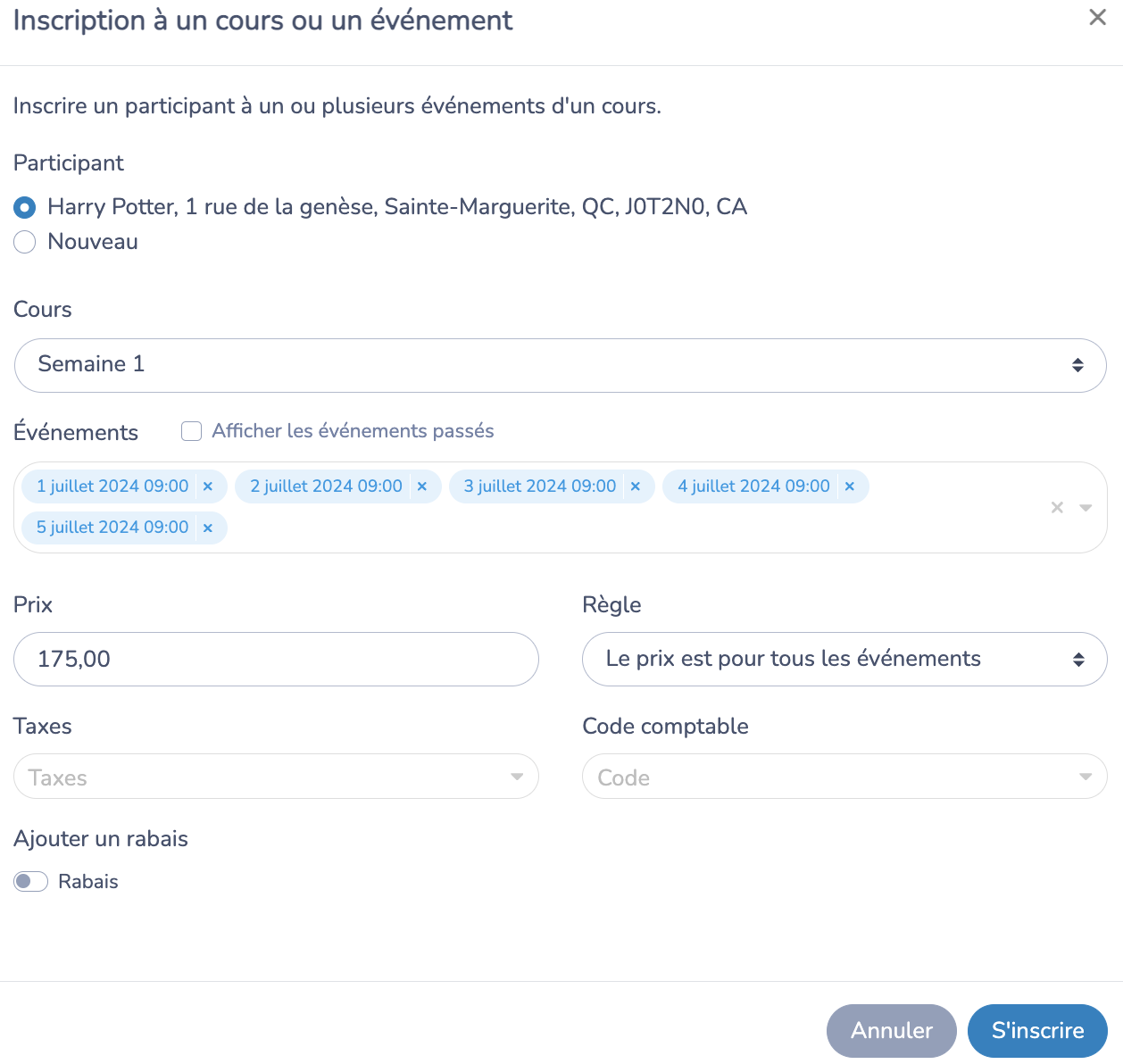 Inscription à un cours, camp ou activité: