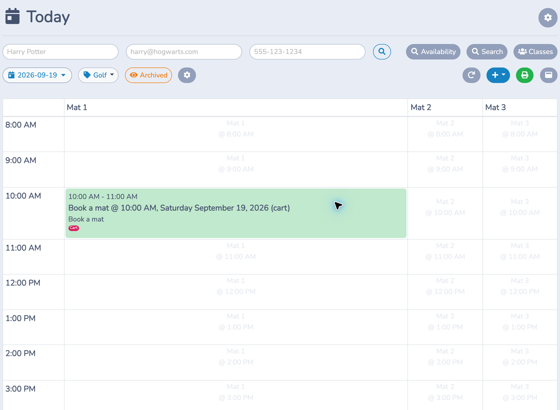 Today page filtered to Golf, showing three mat columns and a temporary checkout hold on Mat 1