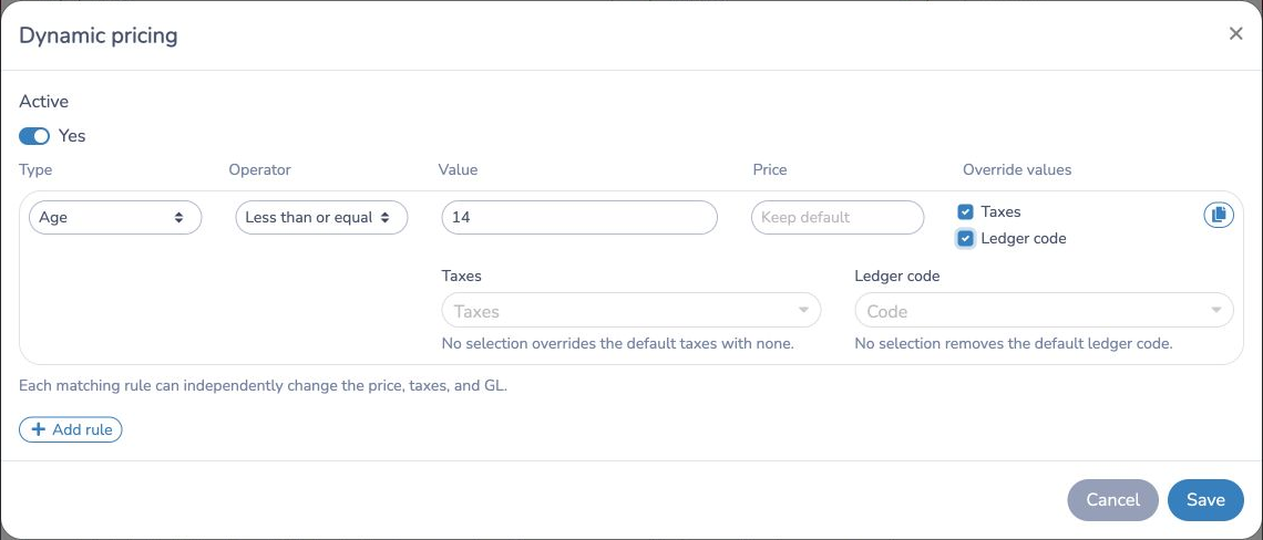 Age-based class rule that removes taxes and the ledger code while keeping the regular price
