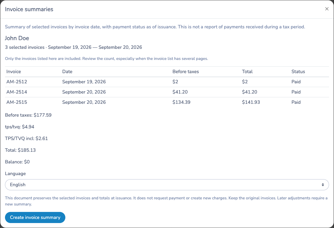 Invoice summary preview showing three paid invoices, separate tax totals and a zero balance