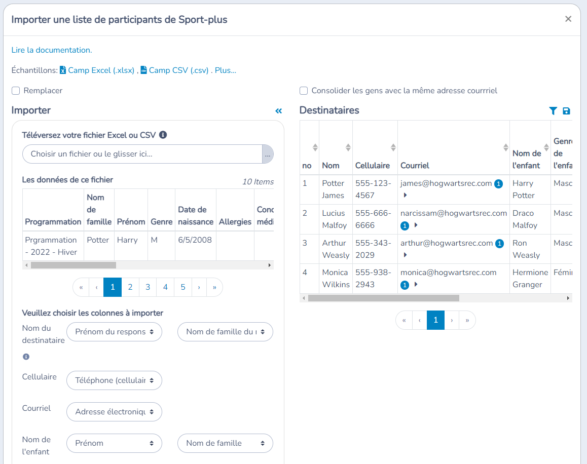 Importer une liste de participants de Sport-plus — illustration