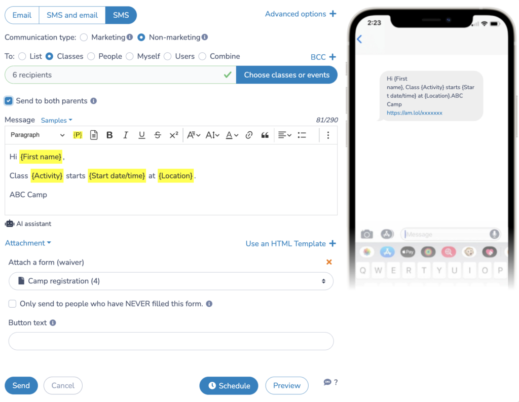 Send SMS reminder to clients who have filled a registration form