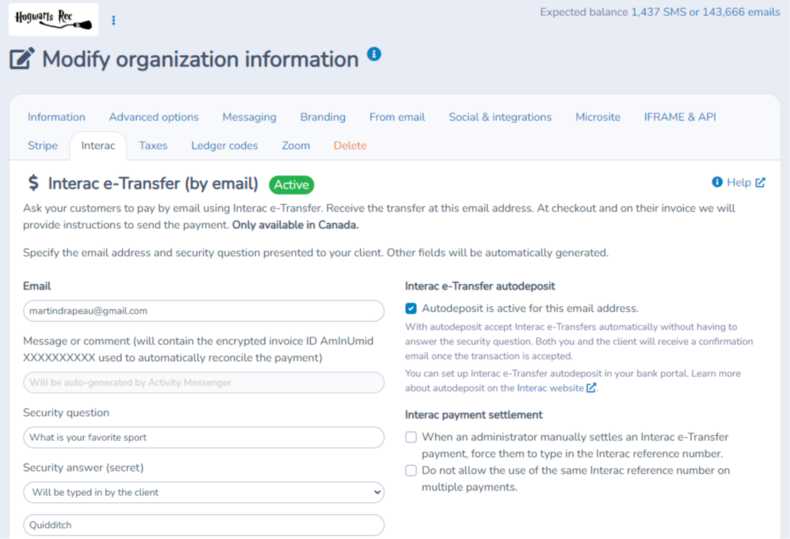 Setting up Interac e-Transfer — screenshot