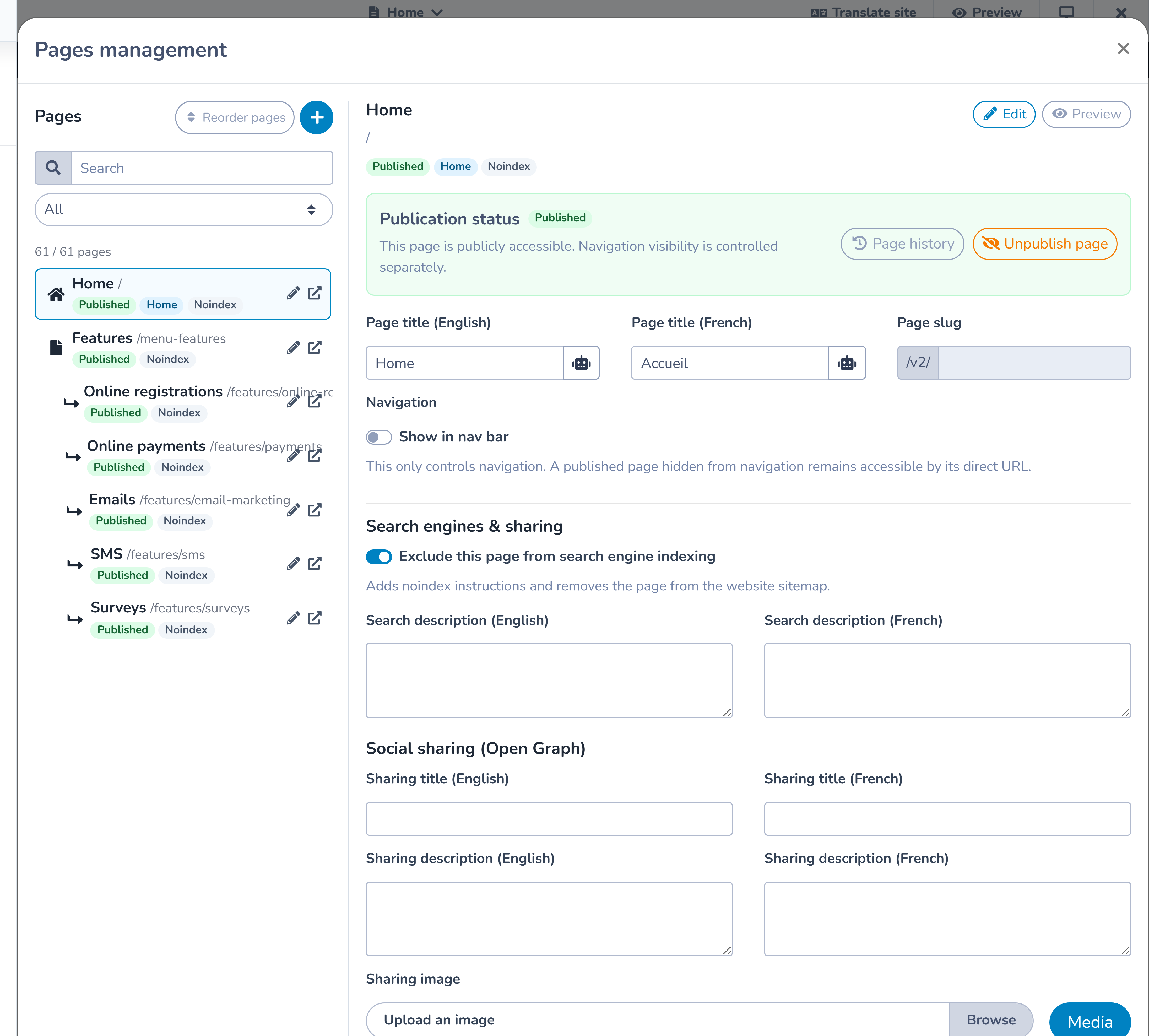 Manage pages with search, filters, page hierarchy, and status badges