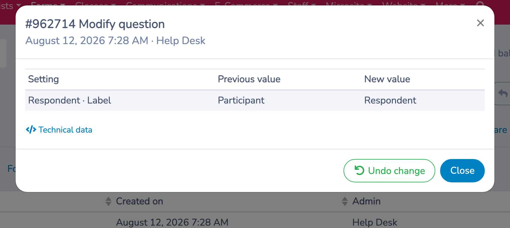 Undo an eligible question change from its audit-log entry