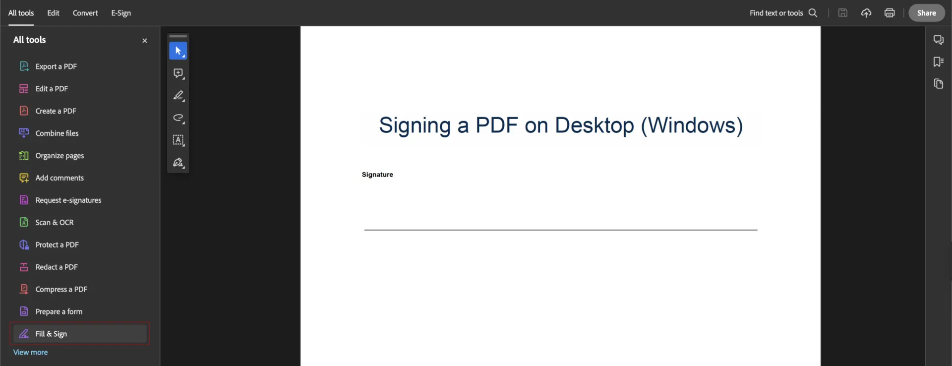 Choosing "Fill and sign" on Adobe Acrobat Reader