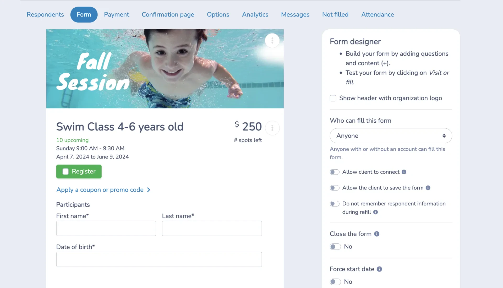 Swim Lesson registration form builder
