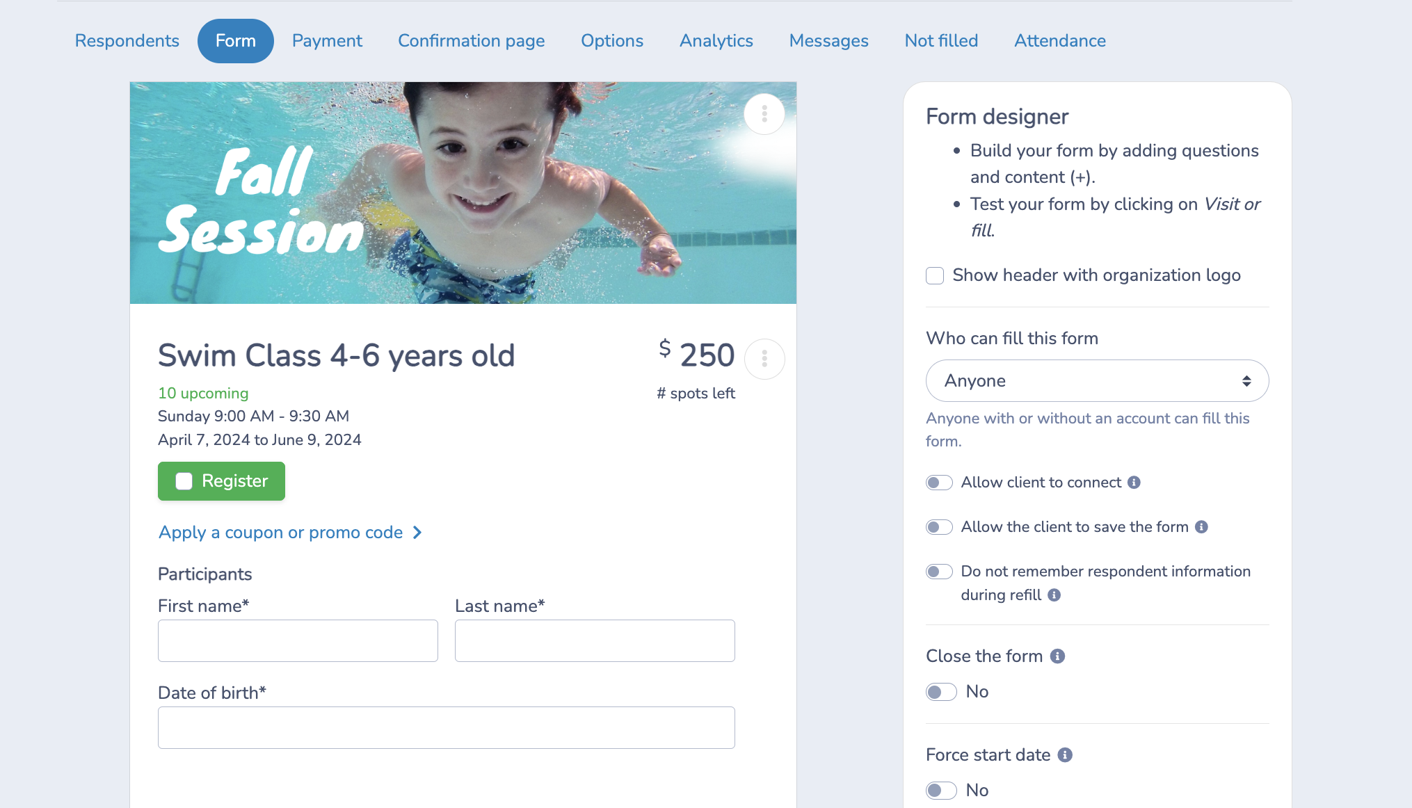 Swim Lesson registration form builder