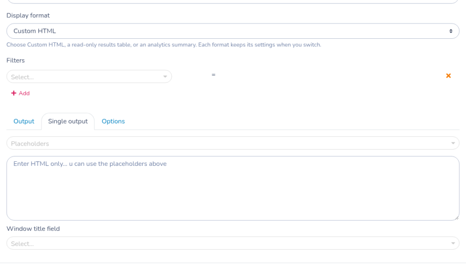 Legacy Form results window on the Single output tab. The HTML box is empty, and Window title field is not set.